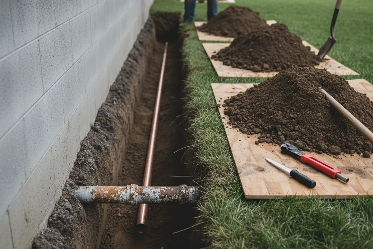 Excavated water line trench during Sewer Line Repair in Montverde